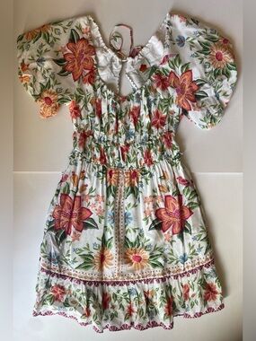 FARM Rio Floral Puff-Sleeve Mini Dress in White with Pink & Orange Flowers